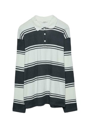 Polo majica z dolgimi rokavi s horizontalnimi temno sivimi in belimi črtami, izdelana iz mehke tkanine s klasičnim ovratnikom in trirazširnim zapenjanjem.