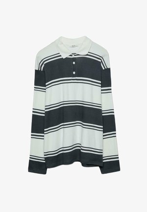 Polo majica z dolgimi rokavi s horizontalnimi temno sivimi in belimi črtami, izdelana iz mehke tkanine s klasičnim ovratnikom in trirazširnim zapenjanjem.