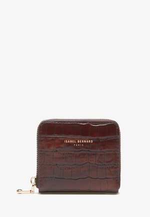 Brown crocodile-embossed leather wallet with a zip-around design and gold-tone "ISABEL BERNARD PARIS" logo. Features a lobster clasp.