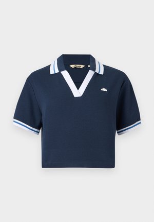 Marineblaues Polohemd mit kurzen Ärmeln, weißem und hellblau gestreiftem Kragen und Bündchen, tiefem V-Ausschnitt und kleinem Logo auf der linken Brust.