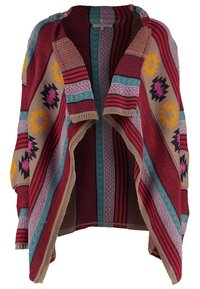 Cardigan en tricot à ouverture devant avec motifs géométriques multicolores et rayures en rouge, beige, jaune, rose, bleu et noir.