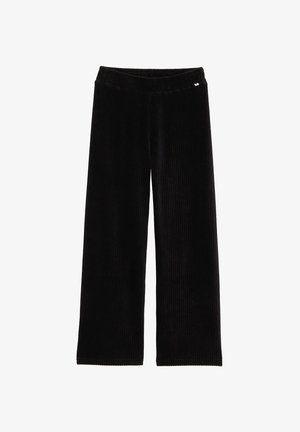 Pantalons en velours côtelé noir à jambe large avec une taille élastique et une texture à côtes verticales, ornés d'un petit logo accent sur la taille.