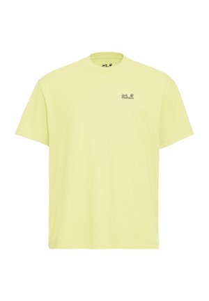 Hellgelbes T-Shirt mit kurzen Ärmeln und Rundhalsausschnitt, mit kleinem schwarzem "Jack Wolfskin"-Logo auf der linken Brust.