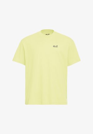Hellgelbes T-Shirt mit kurzen Ärmeln und Rundhalsausschnitt, mit kleinem schwarzem "Jack Wolfskin"-Logo auf der linken Brust.