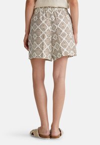 Osoba oblečená v béžových a bílých vzorovaných šortkách s elastickým pasem, v kombinaci s béžovými huňatými sandály, zachycena zezadu.