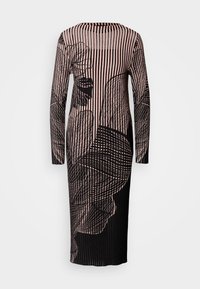 Robe à manches longues en texture côte avec un motif floral noir et rose et un motif rayé. Tissu doux, coupe au genou.