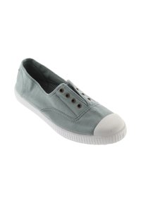 Botte en toile bleu clair à enfiler avec un embout en caoutchouc blanc et une semelle, dotée d'œillets en métal sans lacets.