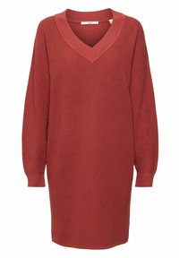 Abito maglione a maniche lunghe con scollatura a V in un tessuto a maglia testurizzato di colore arancione bruciato. Presenta bordi a costine e un design dalla vestibilità comoda.