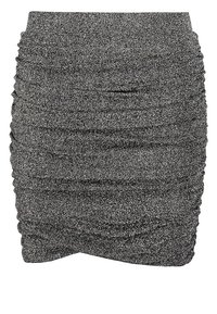 Mini-jupe noire scintillante présentant une texture froncée, avec une silhouette ajustée et une finition lisse. Taille ajustable pour plus de confort.