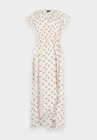 White, floral wrap dress featuring a cherry pattern in red and green, short sleeves, and an asymmetrical hemline. Made of lightweight fabric.