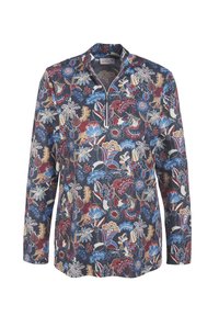 Langärmliger Pullover mit Reißverschlusskragen, der ein florales Muster in Rot, Blau und Creme auf einem dunkelblauen Hintergrund zeigt. Weicher Stoff.