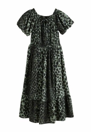 Midi-Kleid mit schulterfreiem Ausschnitt, Puffärmeln, elastischem Bund und grün-schwarzem Leopardenmuster.