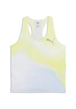 Ärmelloses Puma Sport-Top mit Racerback, mit einem Farbverlaufsmuster in Hellgelb und Weiß sowie Puma-Logo auf der Brust.