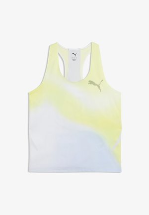 Ærmeløs Puma sportstop med racerback, med et gradueret mønster i lysegult og hvidt samt Puma-logo på brystet.