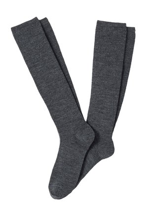 Pair of dark gray knee-high socks made of soft knit fabric, shown flat and overlapping on a white background.