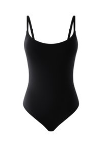 Maillot de bain une pièce noir avec bretelles spaghetti réglables, texture lisse, décolleté plongeant et ouvertures de jambes haute.