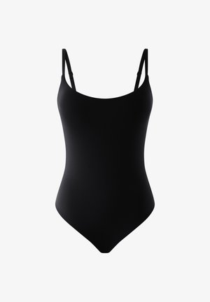 Schwarzer Einteiler-Badeanzug mit verstellbaren Spaghetti-Trägern, glatter Textur, tiefem Ausschnitt und hohen Beinausschnitten.