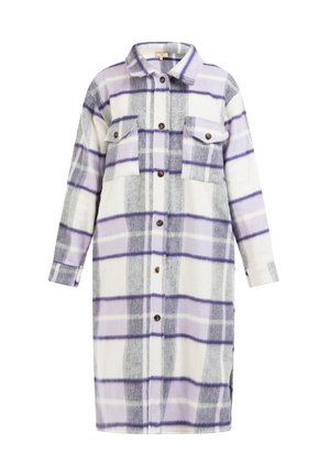 Abito a camicia a quadri bianco, viola e grigio, realizzato in tessuto morbido. Presenta una chiusura con bottoni, colletto e due tasche sul petto. Maniche lunghe.