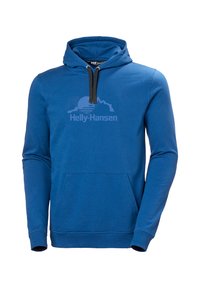 Niebieska bluza z kapturem wykonana z miękkiego materiału, z przednią kieszenią, kapturem ze sznurkiem i subtelnym logo „Helly-Hansen” na wysokości klatki piersiowej.
