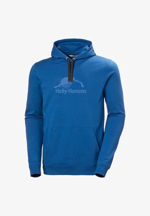 Sudadera azul hecha de tela suave, con un bolsillo frontal, capucha con cordón y un sutil logo de "Helly-Hansen" en el pecho.