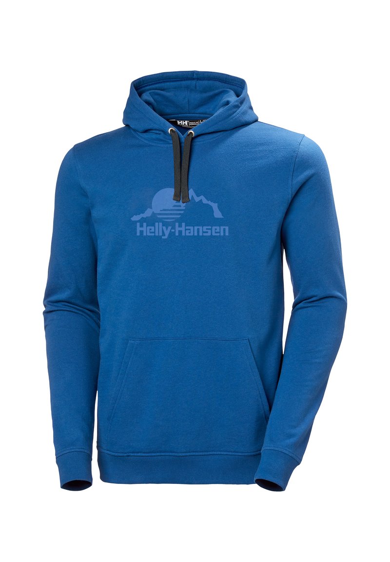 Niebieska bluza z kapturem wykonana z miękkiego materiału, z przednią kieszenią, kapturem ze sznurkiem i subtelnym logo „Helly-Hansen” na wysokości klatki piersiowej.