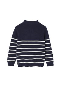 Navyblauer Strickpullover mit hohem Kragen, der horizontale weiße Streifen über dem Körper und den Ärmeln aufweist. Gerippte Bündchen und Saum.