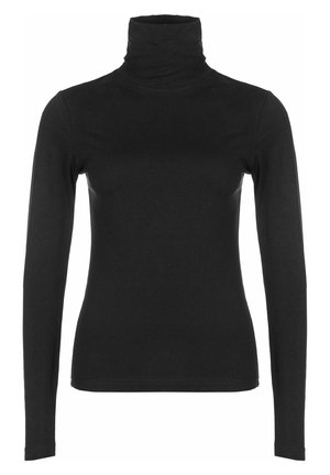 Melna, garām piedurknēm turtlenecka tipa blūze, izgatavota no gludas, elastīgas auduma. Tam ir augsta apkakle un pieguļoša siluets, bez redzamām rakstām vai akcentiem.