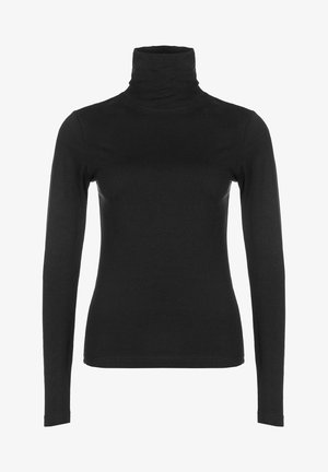 Črna dolgoročinka z visokim ovratnikom, izdelana iz gladkega, raztegljivega materiala. Ima visok ovratnik in prilagojeno silhueto, brez vidnih vzorcev ali akcentov.