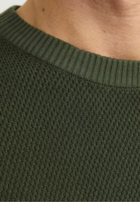 Pull vert foncé texturé avec un col rond côtelé, présentant un motif de tricot subtil et une apparence de tissu lisse.