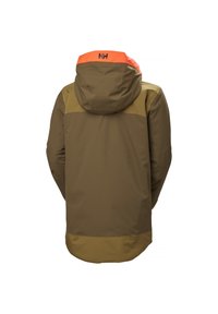 Veste d'extérieur marron et beige avec une capuche orange arborant le logo noir "HH", vue de dos sur fond blanc.