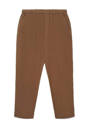 Pantaloni in tessuto marrone dalla trama, con vita elasticizzata e tasche laterali, mostrati distesi su uno sfondo bianco.