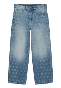 Jean large bleu clair avec des motifs d'étoiles délavées partout et un design classique à cinq poches.