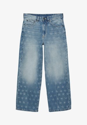 Blugi largi, culoare albastru deschis, cu modele de stele estompate peste tot și design clasic cu cinci buzunare.