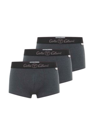 Graue Herrenboxershorts aus weichem Stoff, mit einem schwarzen elastischen Bund, auf dem der Markenname "Colucci" deutlich sichtbar ist.
