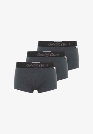 Drie paar donkergrijze boxershorts met een zwarte elastische tailleband met merknaam, een gladde textuur en een aansluitend ontwerp.