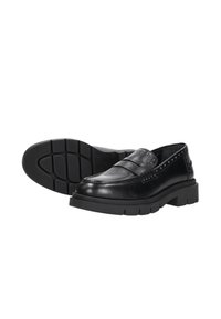 Zwarte leren loafers met een platte, getextureerde rubberen zool. Kenmerken zijn onder andere decoratieve studded langs de zijkant en een gladde afwerking op de bovenkant.