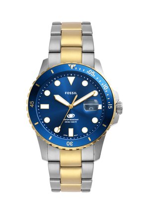 Orologio da polso da uomo bicolore in acciaio inox argento e oro con quadrante blu, indici luminosi, finestra data e lunetta girevole, resistente all'acqua fino a 100 m.