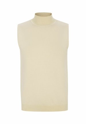 Suéter sin mangas de cuello alto en color beige, hecho de un material de punto suave, con una forma ajustada y un cuello y dobladillo acanalados.
