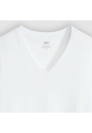 White cotton v-neck t-shirt with a soft texture, featuring a subtle Levi's logo embroidered on the chest and a care label inside the collar.