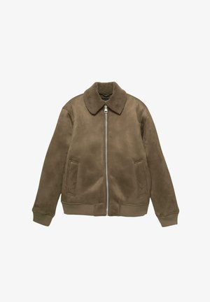 Giubotto bomber in suede marrone con colletto in shearling, zip frontale, due tasche laterali e polsini e orlo a coste.