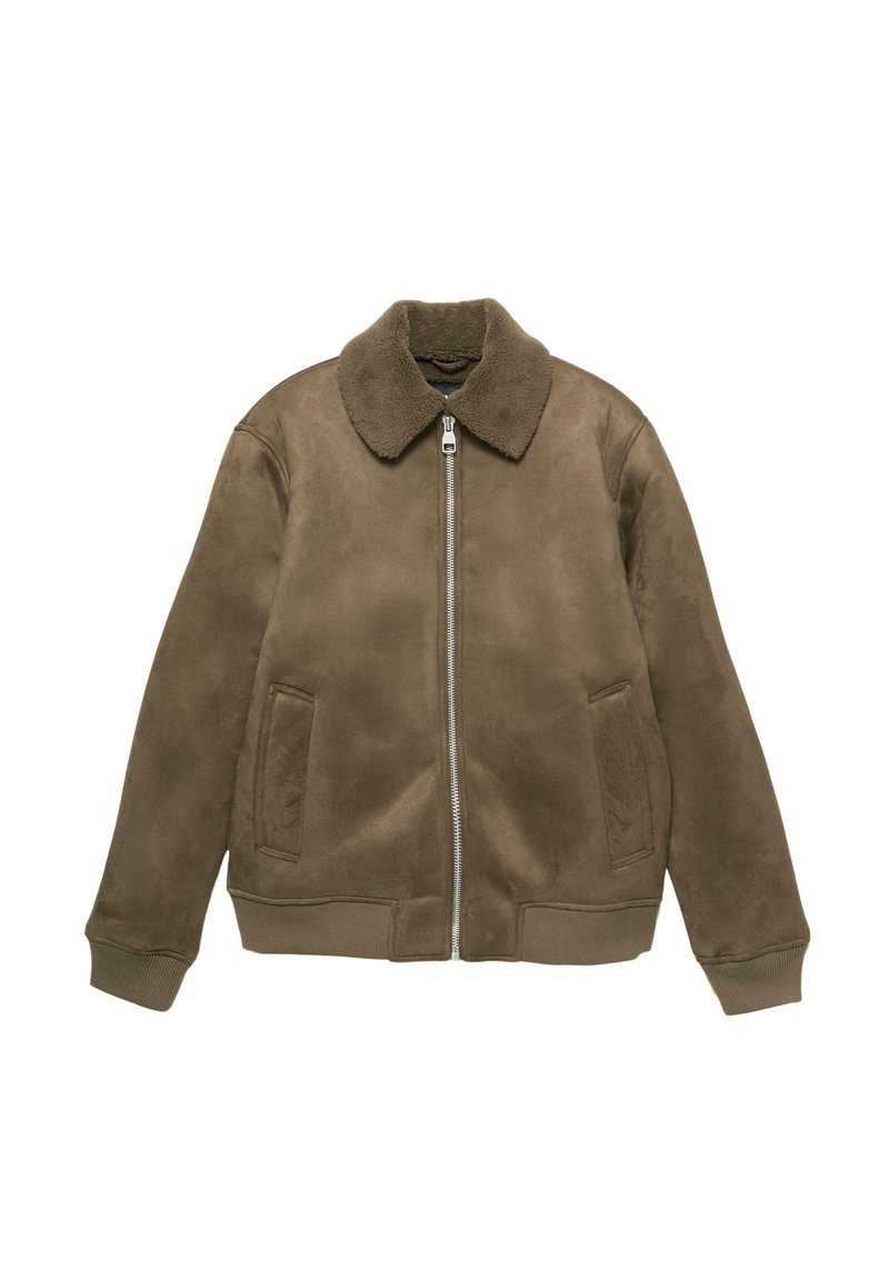 Braune Wildleder-Bomberjacke mit Lammfellkragen, Frontreißverschluss, zwei Seitentaschen und gerippten Bündchen und Saum.