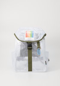 Transparent ripstop backpack with a green strap, featuring a buckle, blue zipper accent, and a front label with a colorful gradient design.