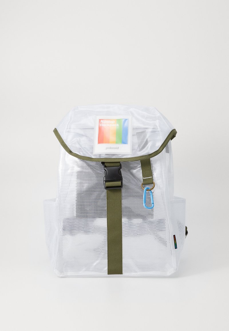 Transparent ripstop backpack with a green strap, featuring a buckle, blue zipper accent, and a front label with a colorful gradient design.