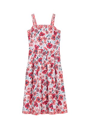 Robe blanche sans manches avec motif floral rouge et rose, encolure carrée et bordure géométrique sur les bretelles et l’ourlet, jupe plissée longueur genou.