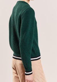 Pull vert côtelé avec un col rond, présentant des accents en rayures blanches et noires à l'ourlet et aux poignets. Tissu en maille texturé.