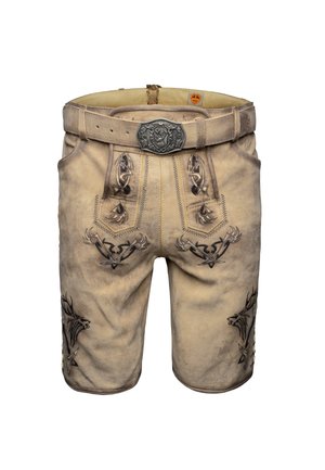 Traditionelle beige Lederhosen-Shorts aus Leder mit schwarzen gestickten Motiven, einem Gürtel und einer kunstvollen Metall-Schnalle an der Taille.