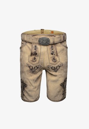 Shorts en cuir beige traditionnels avec des motifs brodés noirs, une ceinture et une boucle en métal ornée à la taille.