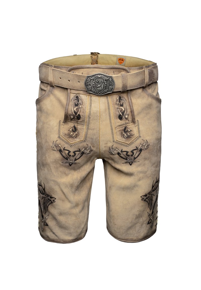 Traditioneel beige leren lederhosen shorts met zwarte geborduurde ontwerpen, een riem en een sierlijke metalen gesp op de taille.