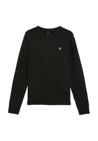 Jersey negro de punto con textura acanalada, que presenta un patrón de trenza en el centro y un pequeño logo amarillo en el pecho. Cuello redondo.