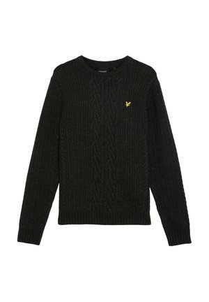 Jersey negro de punto con textura acanalada, que presenta un patrón de trenza en el centro y un pequeño logo amarillo en el pecho. Cuello redondo.